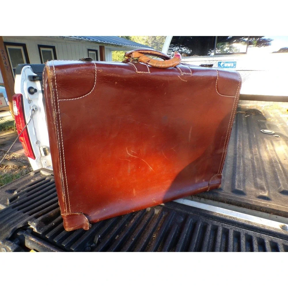 Vintage Steamer Suitcase Brown Leather Horn Luggage Travel‎ Briefcase Bag